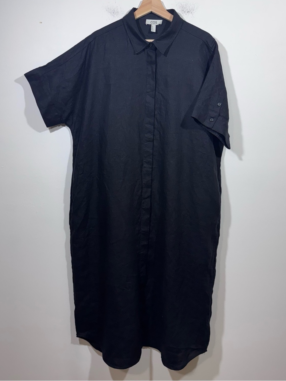 COS Boxy Linen Midi Shirt Dress Size Large Black Relaxed Lagenlook